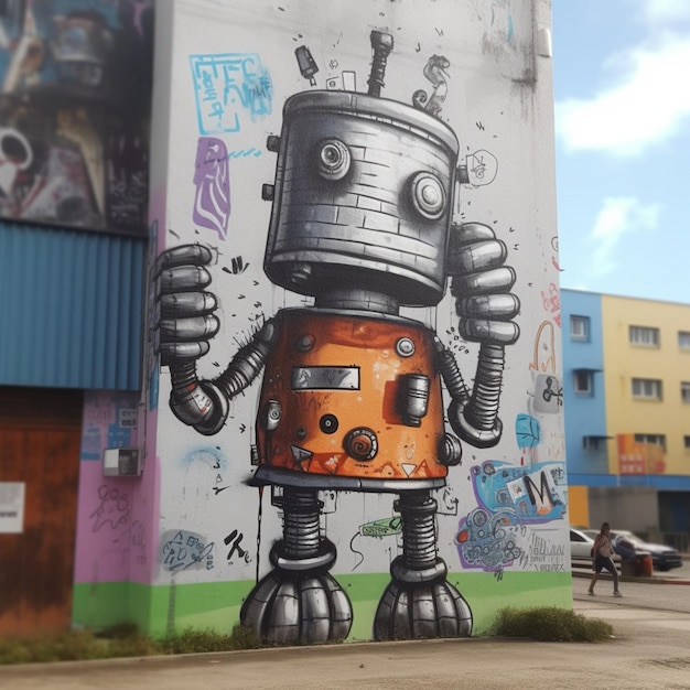 graffiti di un robot su un edificio con un uomo che cammina grazie all'intelligenza artificiale generativa