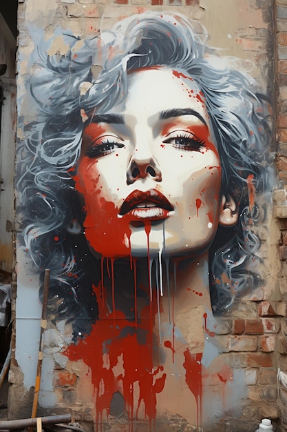 graffiti di una donna con i capelli blu e le labbra rosse su un muro generativo ai