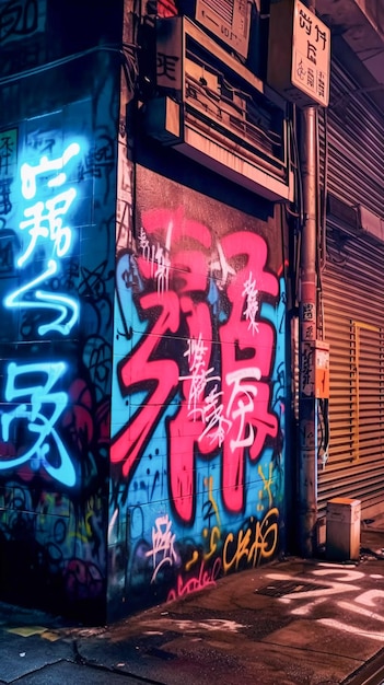 Graffiti giapponesi sulla parete della strada arte di strada con luci al neon di notte AI Generato