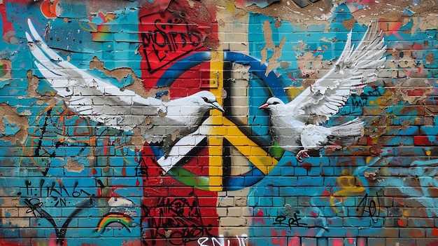 Graffiti Muro urbano Simboli di pace Bandiera dell'arcobaleno il segno della pace e una colomba bianca Generata dall'AI