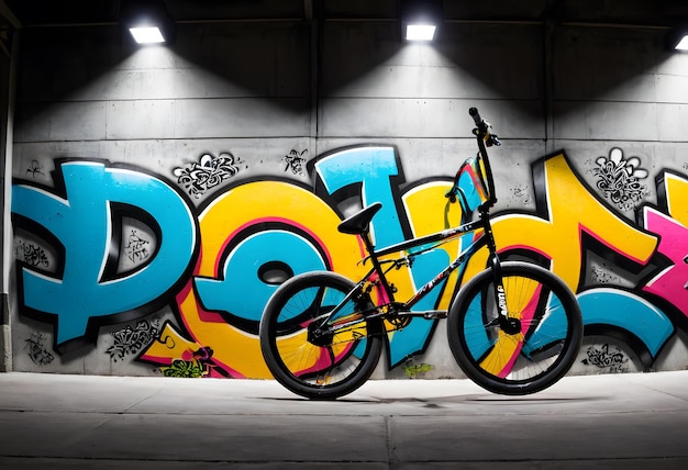 Graffiti urbani sul muro in bicicletta sul marciapiede