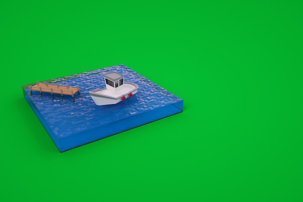 Grafica 3D, un modellino di una barca sull'acqua, un molo. Barca in acqua al molo. Marina isolata con una barca su uno sfondo verde.