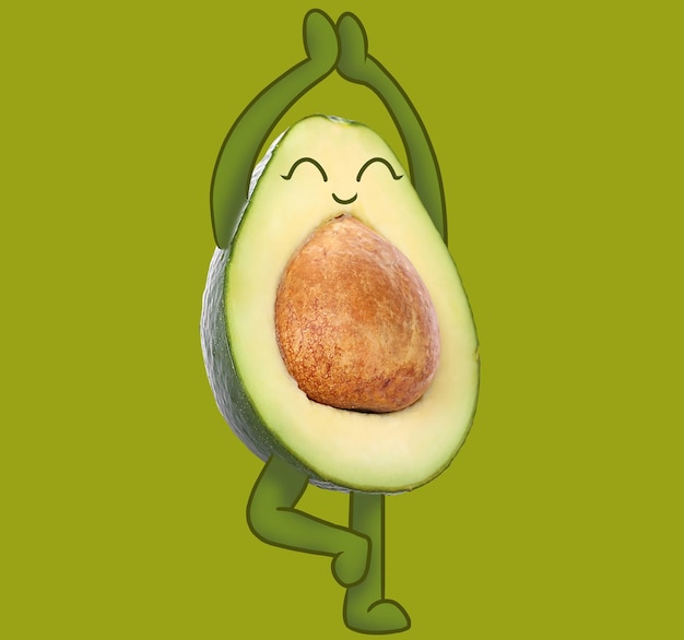 Grafica creativa Avocado felice che pratica yoga Frutta con disegni su sfondo verde chiaro