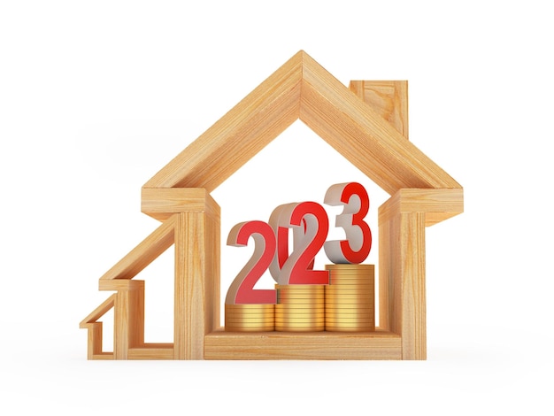 Grafica delle icone delle case in legno con monete e il numero del nuovo anno