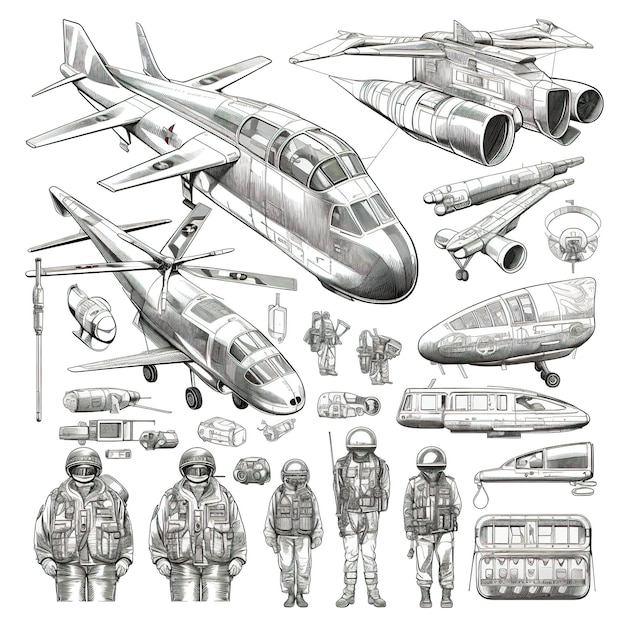 Grafica militare set line art IA generativa