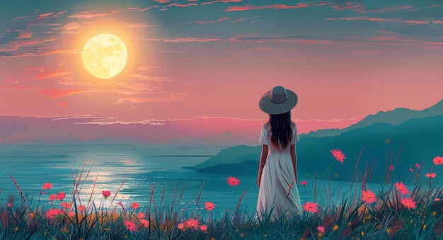 Grafica moderna ragazza piatta con un cappello in vacanza camminando lungo il mare spiaggia montagne sabbia sole tramonto palette pastello gentile