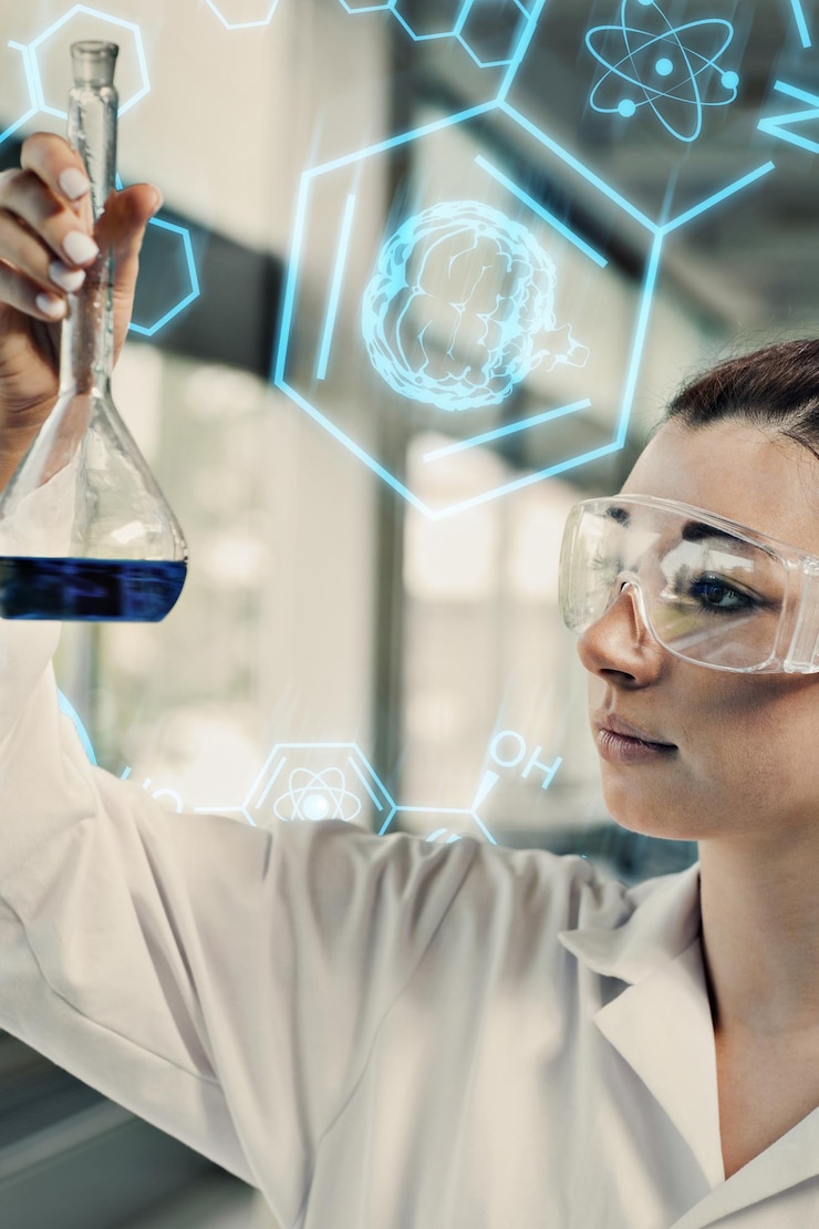 Foto grafica scientifica e medica contro il ritratto di un giovane studente di scienze che guarda un liquido blu
