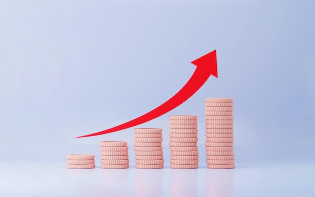 Grafici a barre colonne crescenti di monete che impilano il successo finanziario e il concetto di crescita Rendering 3D