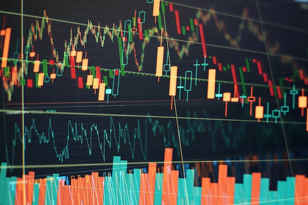 Grafici a barre, diagrammi, dati finanziari. Grafico Forex. Concetto di mercato azionario e fintech. Interfaccia finanziaria futuristica.