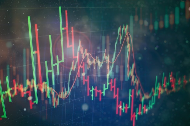 Grafici astratti di trading finanziario e numero digitale sul monitor. Sfondo del grafico digitale oro e blu per rappresentare la tendenza del mercato azionario.