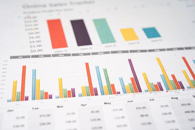 Grafici Carta millimetrata. Sviluppo finanziario, conto bancario, statistiche, economia dei dati di ricerca analitica degli investimenti, concetto di riunione aziendale dell'ufficio di borsa valori.