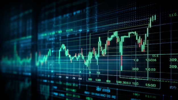 grafici di borsa della crescita delle azioni sullo schermo del monitor blu.