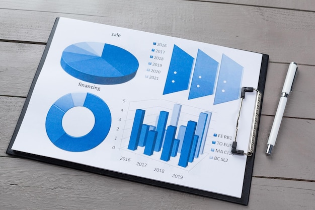 Grafici di carta finanziaria e grafici sul tavolo