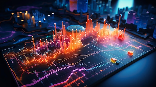 Grafici e diagrammi si fondono organicamente con un panorama digitale che rappresenta crescita e analisi