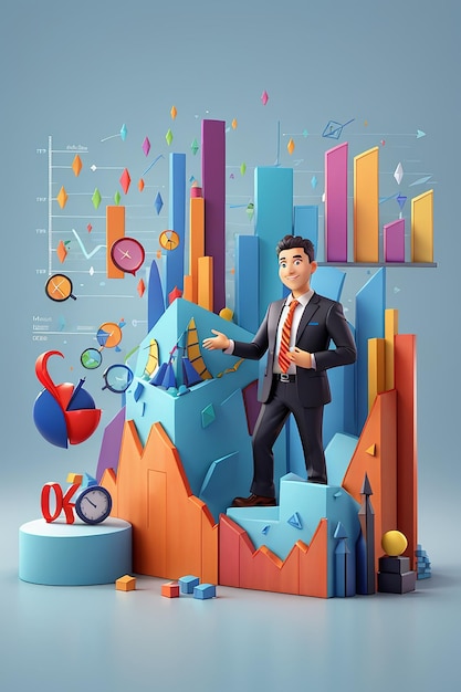 Grafici e grafici concettuali di strategia aziendale 3D con attività di analisi dei caratteri dell'uomo d'affari