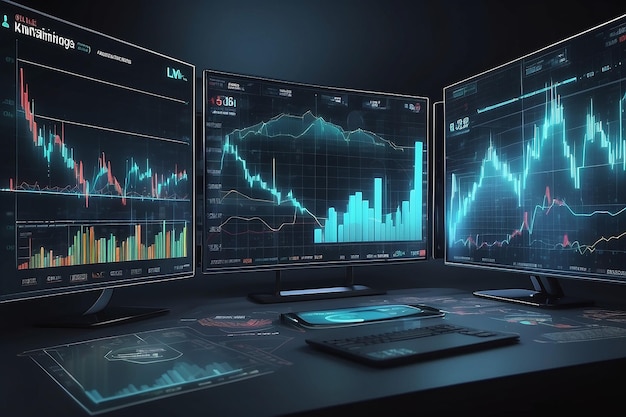 Grafici e grafici economici a doppia esposizione su schermo virtuale Commercio online Concetto commerciale e finanziario