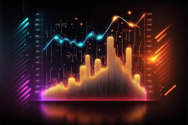 Grafici economici aziendali con effetti di luce al neon Sfondo al neon astratto Analisi della crescita e della caduta Grafico a candela degli investimenti di trading azionario Concetto di finanza ed economia AI generativa