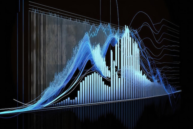 Grafici finanziari del mercato commerciale e diagramma di linee luminose sulla rete neurale digitale arte generata dall'intelligenza artificiale