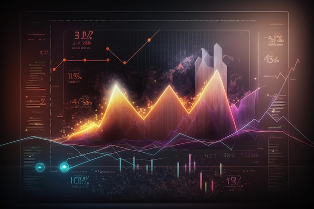 Grafici finanziari del mercato commerciale e diagramma di linee luminose sulla rete neurale digitale arte generata dall'intelligenza artificiale