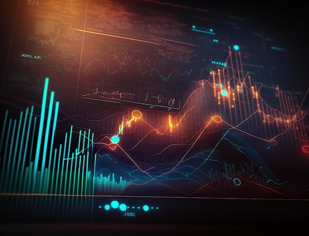 Grafici finanziari linee luminose e diagramma sullo schermo digitale Generativo ai