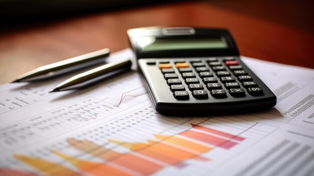 Grafici finanziari, rapporti di misurazione sul tavolo con la calcolatrice.