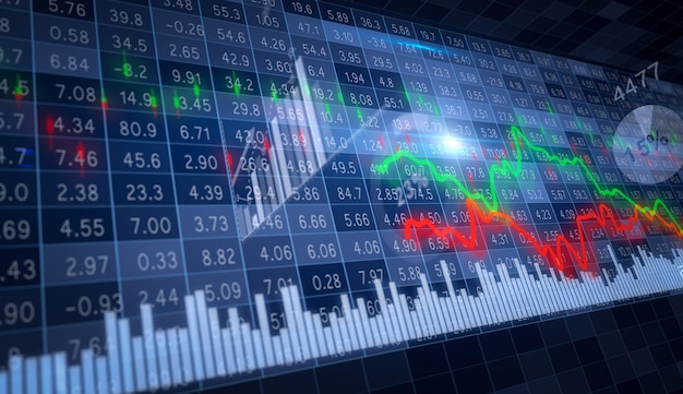 Grafici in movimento verdi e rossi e diversi grafici finanziari e colonne sullo sfondo di un rendering 3d di una scheda dinamica del mercato azionario