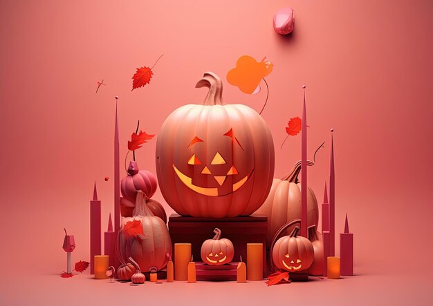 Grafico 3D di Halloween con zucche pipistrelli e altri oggetti