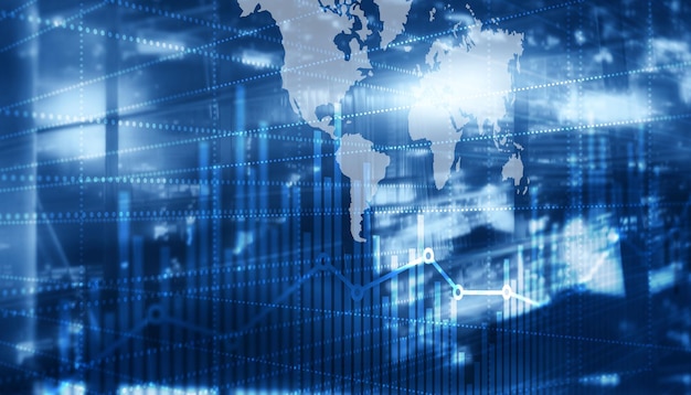 Grafico a barre del mercato azionario astratto sullo sfondo della mappa del mondo