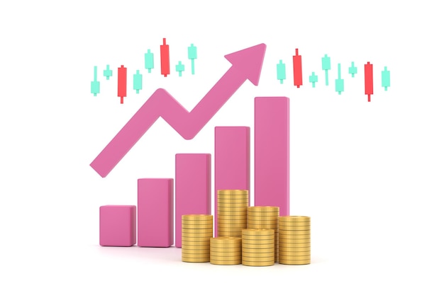 Grafico a barre del profitto con freccia rosa in aumento e scudo con più disposizioni di monete