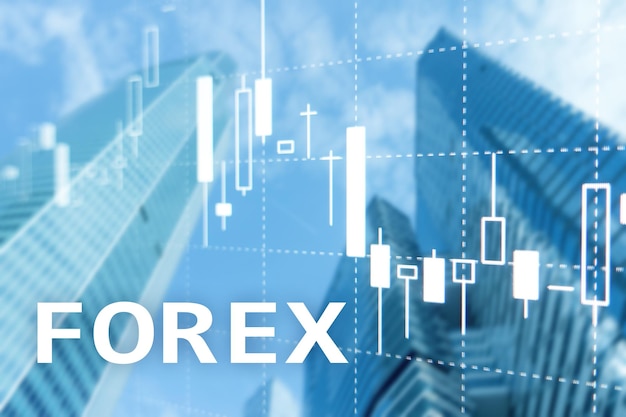 Grafico a candela finanziaria di trading Forex e grafici su sfondo sfocato business center