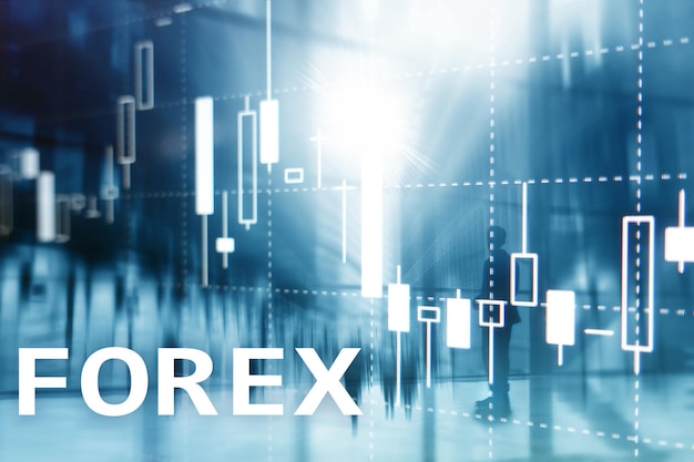 Grafico a candela finanziaria di trading Forex e grafici su sfondo sfocato business center