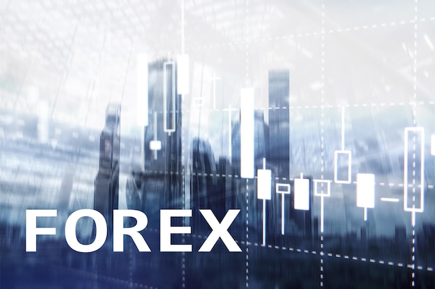 Grafico a candela finanziaria di trading Forex e grafici su sfondo sfocato business center