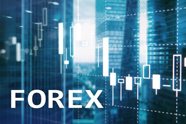 Grafico a candela finanziaria di trading Forex e grafici su sfondo sfocato business center