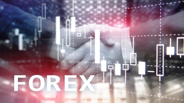 Grafico a candela finanziaria di trading Forex e grafici su sfondo sfocato business center