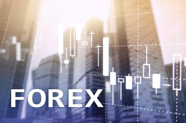 Grafico a candela finanziaria di trading Forex e grafici su sfondo sfocato business center