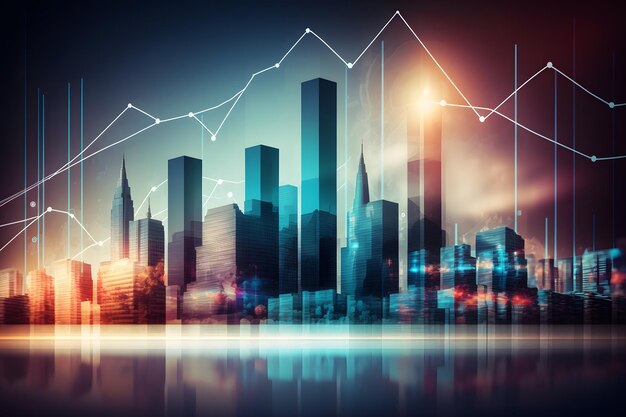 Grafico a candelabro forex forex incandescente astratto su sfondo sfocato della città Investimento in tecnologia commerciale e concetto di analisi Rete neurale AI generata