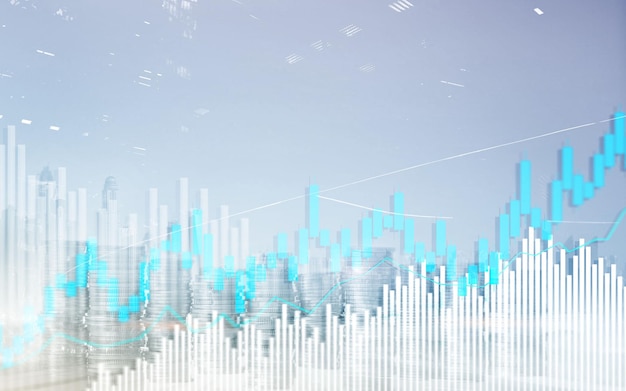 Grafico a candele e diagrammi di trading azionario Sfondo astratto di finanza a doppia esposizione