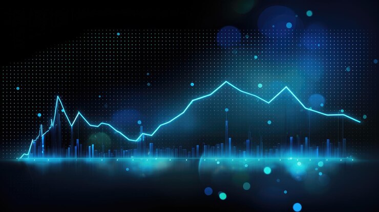 Grafico a linee luminose blu su uno sfondo nero con un modello di griglia digitale