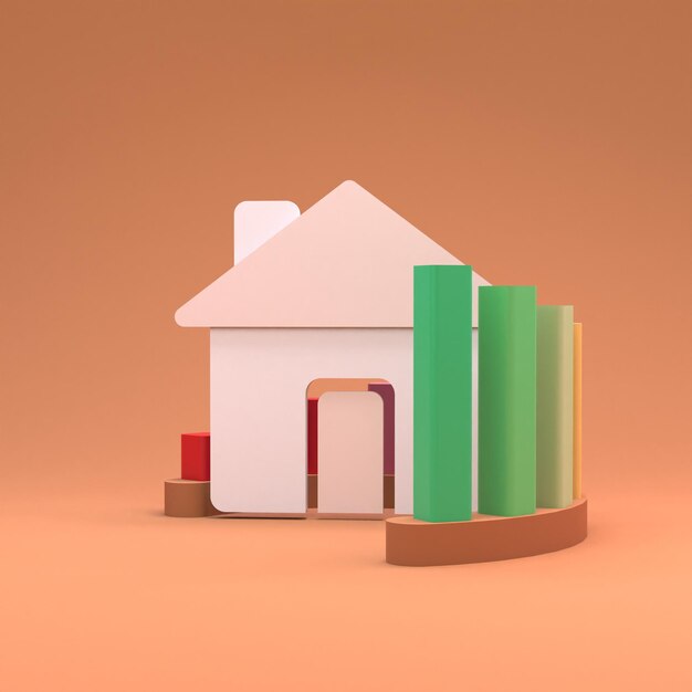 Grafico a semicerchio di crescita dal rosso al verde e rendering 3d dell'icona della casa