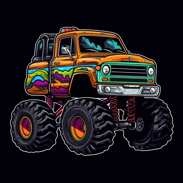 Foto grafico adesivo colorato monster truck con contorno bordo bianco