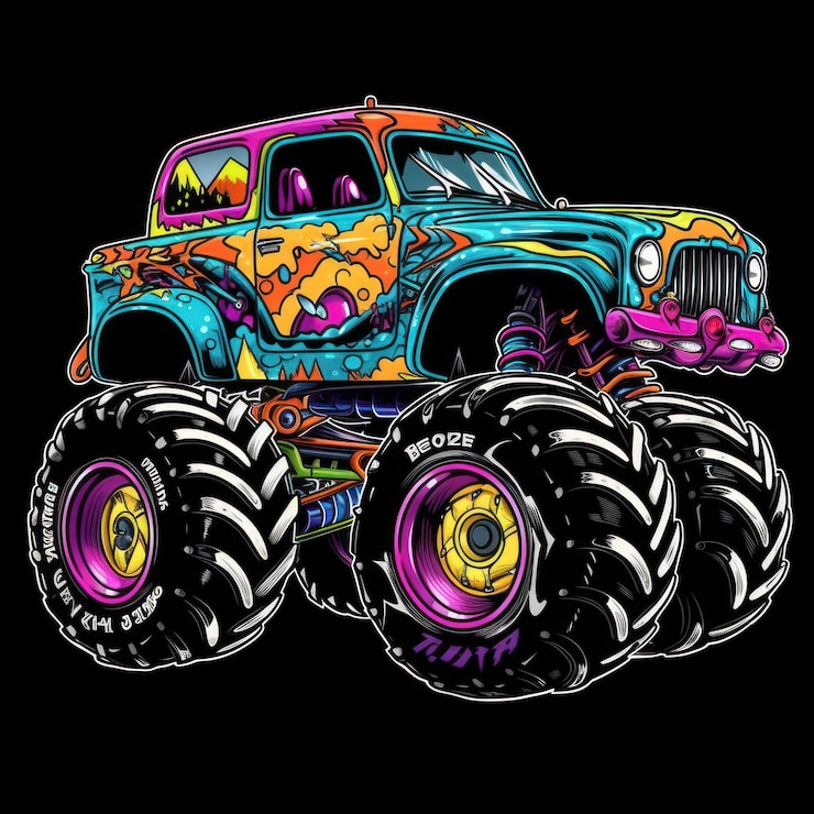 Foto grafico adesivo colorato monster truck con contorno bordo bianco
