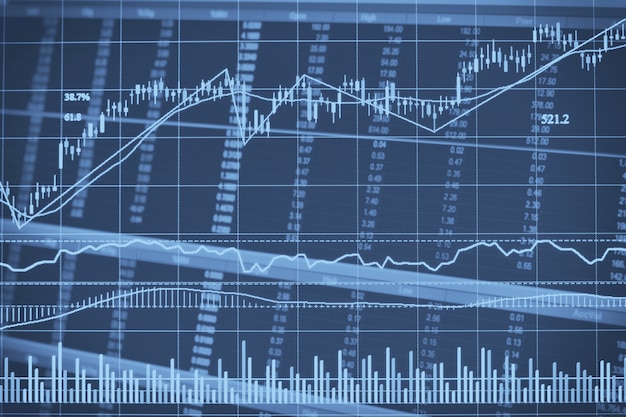 Grafico astratto candeliere finanziario con grafico a linee e numeri di borsa