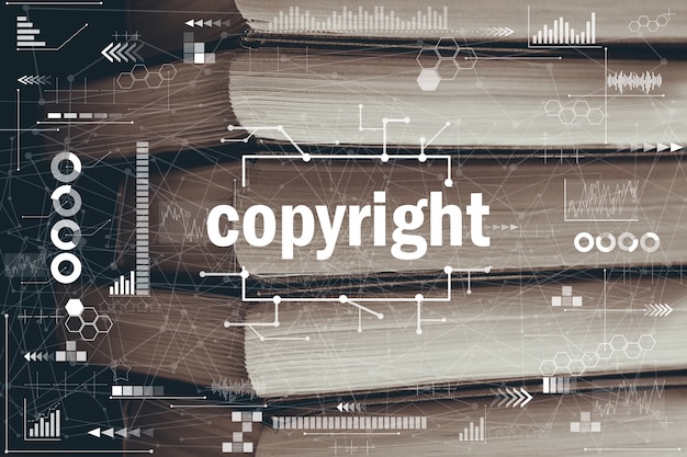 Grafico astratto di concetto del copyright sul fondo dei libri.