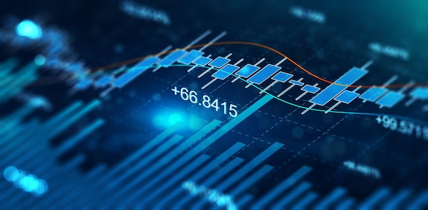 Grafico azionario e grafico con candeliere di affari Analisi statica finanziaria con crescita finanziaria