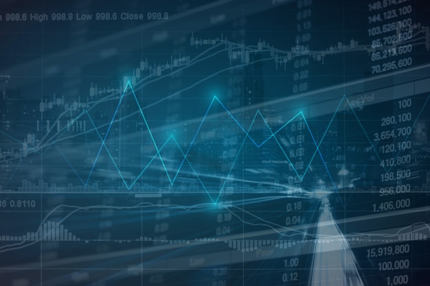 Grafico azionario finanziario astratto con strada e paesaggio urbano