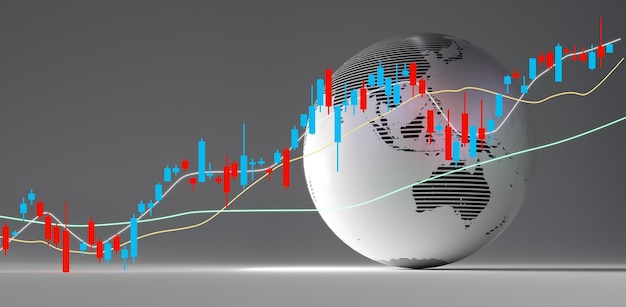 Grafico azionario finanziario e sfondo globale della terra rendering 3d