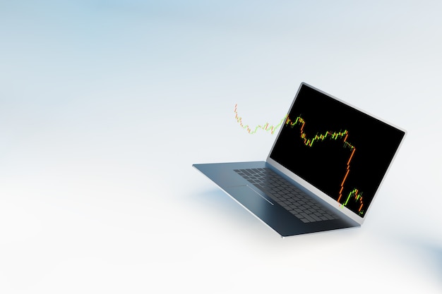 Grafico azionario Forex e laptop per il mercato dei cambi forein, banner per il trading forex, rendering dell'illustrazione 3d