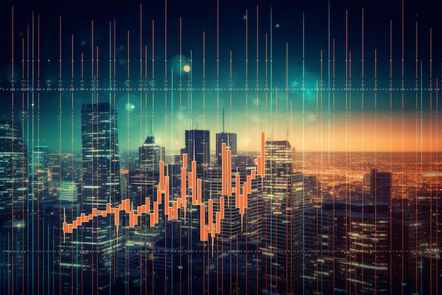 Grafico azionario sul concetto di tecnologia di sfondo sfocato della città