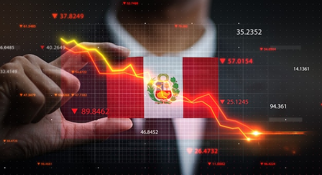 Grafico che cade davanti alla bandiera del Perù. Concetto di crisi