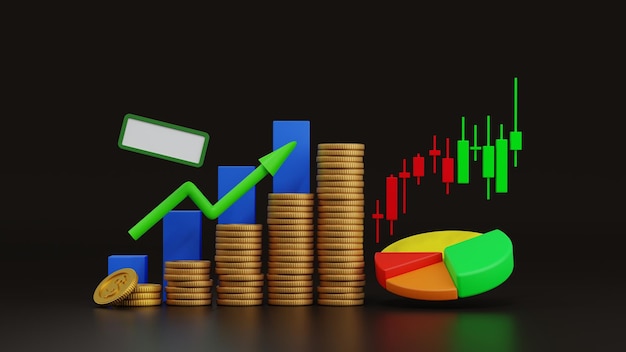 Grafico commerciale o diagramma a barre con pila di monete d'oro Concetto finanziario di crescita aziendale Rendering 3D